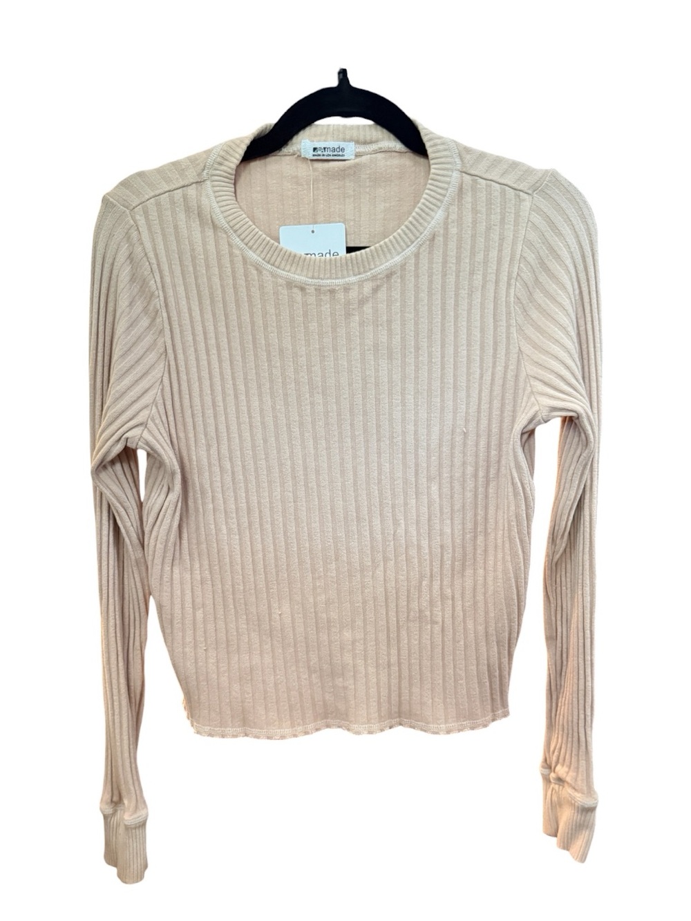 LA Made Beige Ribbed Long Sleeve Crew Neck Top Size L NWT